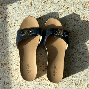 Dr. Scholl's Blue and Tan Mules with Gold Lock Detail